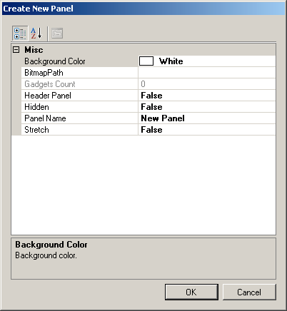 Dialog pro vytvoření nového panelu 2.2.1 Parametry nového panelu V tomto dialogu vyplňujeme následující parametry: 2.3 Načtení proměnných Background Color barva pozadí panelu.