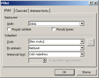 PowerPoint úkol 07 - animace Z dané nabídky si vyberete volbu Možnosti efektu a dostanete dialogové okno Přílet, viz Obrázek 94.