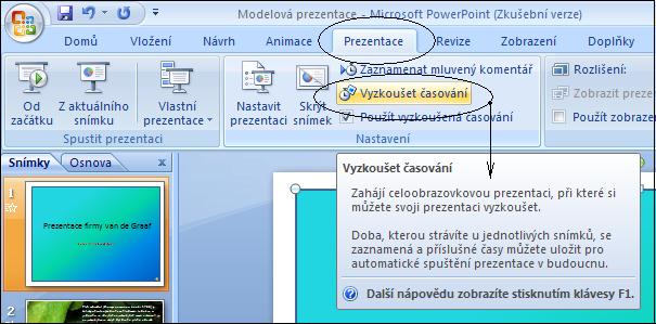 Zvolíme vhodný efekt pro všechny snímky či zvláštní efekt přechodu pro vybrané dvojice snímků. Obr. 24 Nastavujeme časování prezentace.