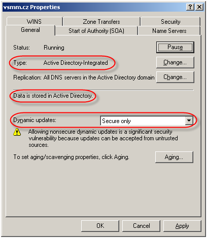 Obrázek 7: Vlastnosti DNS služby, integrované do Active Directory Po nainstalování primárního řadiče domény doporučuji, aby roli sekundárního doménového řadiče převzal další server.