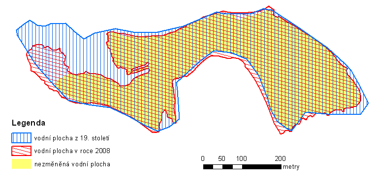 mapování 1953 1989 2008 Rozloha v ha 15,15 11,73 13,03 12,83 Rozloha v % 100 77 86 85 Obr. 18 Detail na ptačí ostrovy rybníka Stará Oleška Grafický znázorněný úbytek plochy (obr.