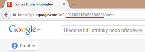 Obrázek 11: ID uživatele na Google+ (podtrženo červeně) Úkol č. 4: Získejte pomocí Google+ API vlastní emailovou adresu Spolupracovníky múžeme přidat k Google kalendáři pomocí přístupových práv ACL.