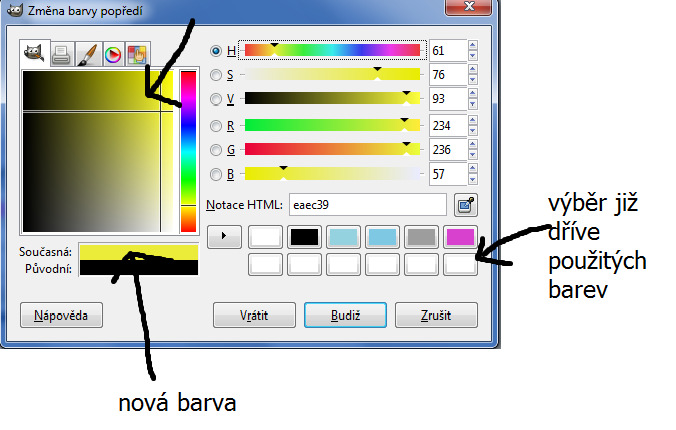 zvolit danou barvu. Krom jiného v základním okně nalezneš také příkazový řádek Barvy, ve kterém si budeš moct pohrát právě s jednotlivými barvami v obrázku.