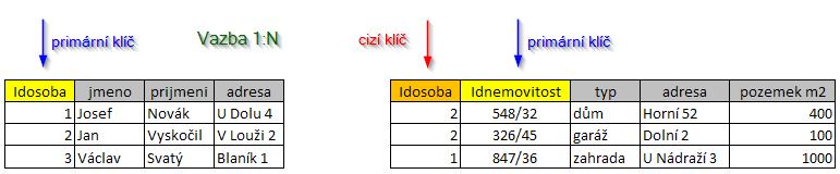 klíčem tabulky osob rodné číslo a primárním klíčem tabulky nemovitostí číslo v katastru nemovitostí.