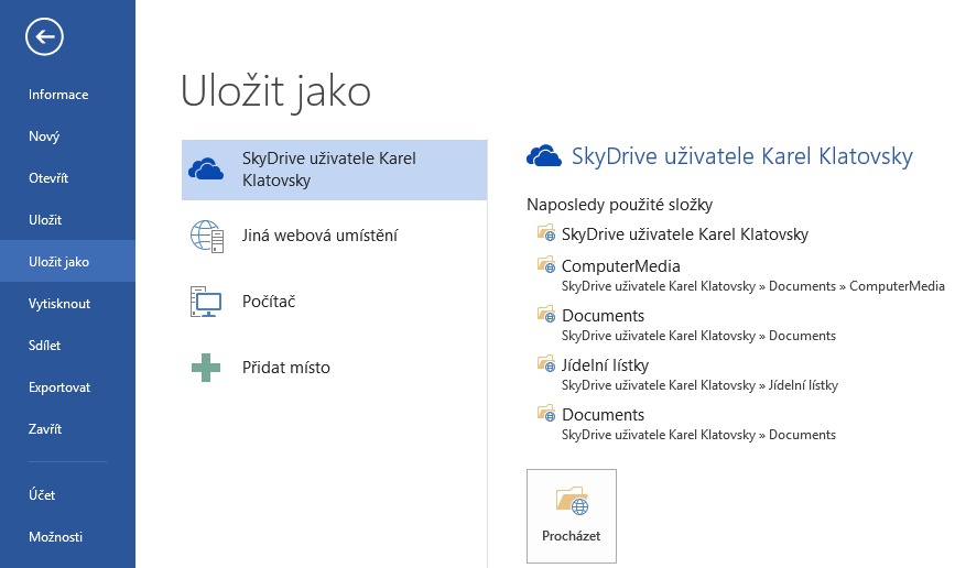 Již ve verzi 2010 bylo možné ukládat data rovnou na úložiště SkyDrive (otevírání dat ze služby SkyDrive bylo o něco složitější). V Office 2013, jak již asi tušíte, šla integrace úložiště ještě dál.