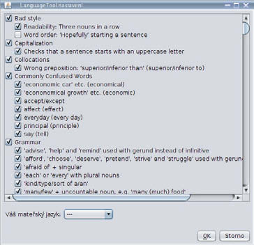 jazycích (podpora pro češtinu a slovenštinu zřejmě zatím žádná). Je založen na pravidlech, tzn. že hledá chyby na základě pravidel definovaných v XML souborech.
