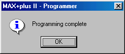 Opravíme případné chyby a po úspěšném překladu již můžeme FPGA naprogramovat.v menu volíme Max+plusII, dále Programmer a potvrdíme. Objeví se menu programátoru a zvolíme volbu Program.