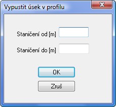 Vypustit úsek v profilu Pokud potřebujete do podélného profilu vystřihnout prázdné místo, použijte příkaz Pomůcky / Vypustit úsek v profilu.