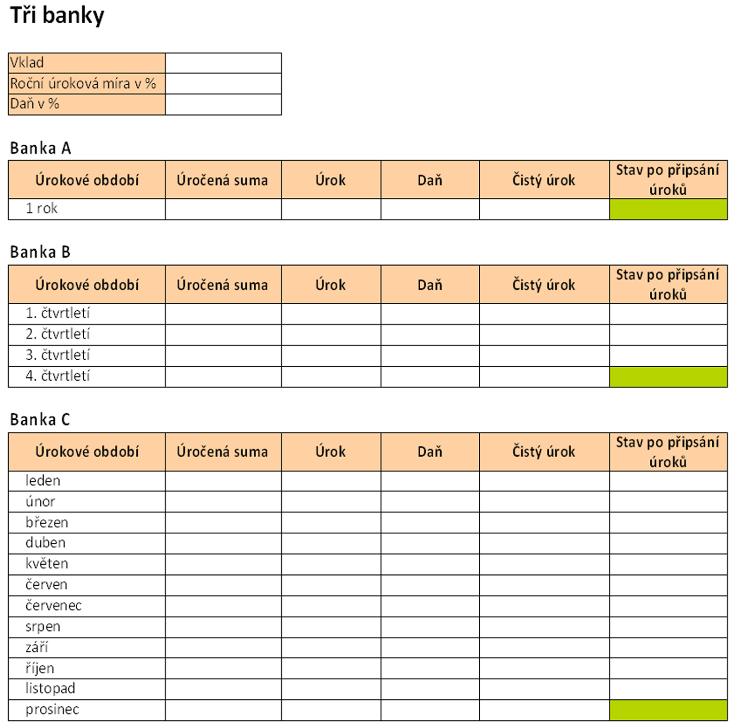 Žákovský pracovní list se zadáním úkolů 1. Přečti si pozorně zadání úkolu 1. ÚKOL 1 Tři banky A, B a C nabízí roční úrokovou sazbu 2 %. Banka A úročí vklad jednou ročně (31. 12.