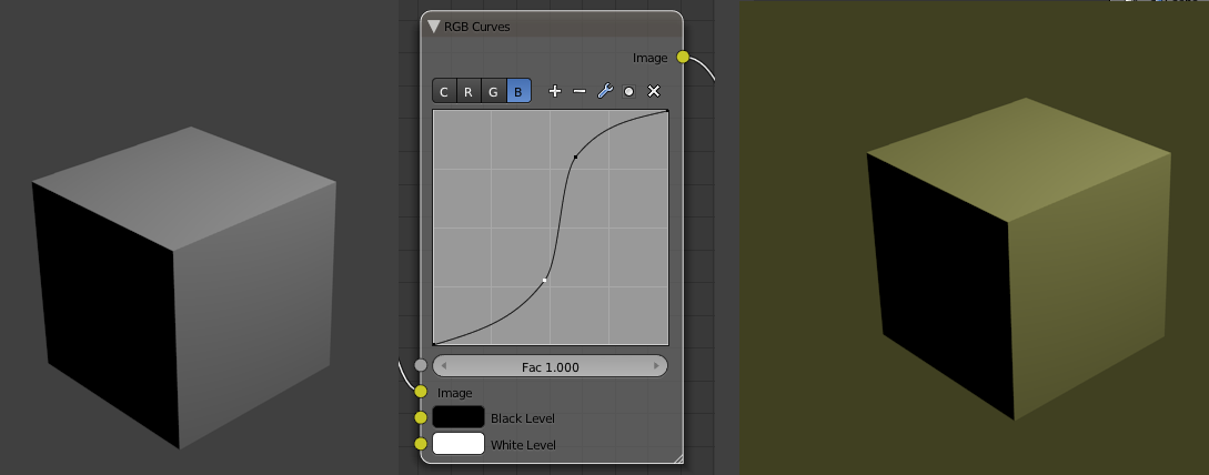 Node Editor základní uzel pro Render Layers propojený s uzlem RGB Curves, jehož výstup je připojen na výsledný uzel Composite. Obr. 187.