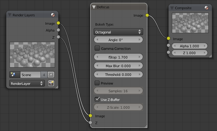 Node Editor Abychom si ulehčili nastavování místa ve scéně, na který se má zaostřit vložíme do scény Empty objekt na příslušnou pozici (v našem případě na kuličku uprostřed obrazovky).