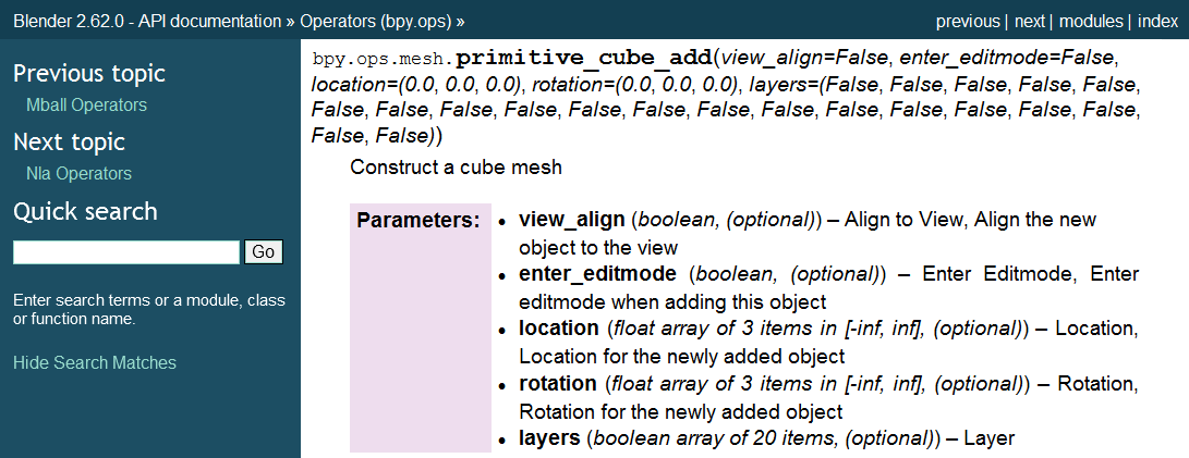 Skripty v Pythonu a doplňky (Addons) Obr. 194. Vyhledání nápovědy k příkazu primitive_cube_add V pravém horním rohu je také možnost přepnout se na index všech příkazu setříděných podle abecedy.