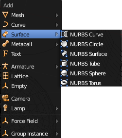 Základní objekty a modelování v Blenderu Obr. 29. Menu pro Active Při vytváření NURBS ploch máme již několik primitivních ploch předem vytvořených a lze je využít pro modelování složitějších ploch.