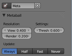 Základní objekty a modelování v Blenderu Obr. 34. Menu základních vlastností Metaballů Resolution (rozlišení): udává nastavení rozlišení metaballů, což znamená počet použitých polygonů.