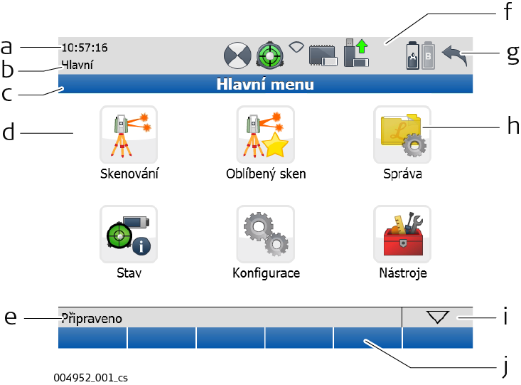 1.8.2 Obrazovka Přehled obrazovky a) Čas b) Titulek c) Titulní lišta d) Plocha obrazovky e) Lišta zpráv f) Stavová lišta g) Tlačítko Escape h) Ikona menu i) Tlačítko SHIFT j) Funkční klávesy Prvek