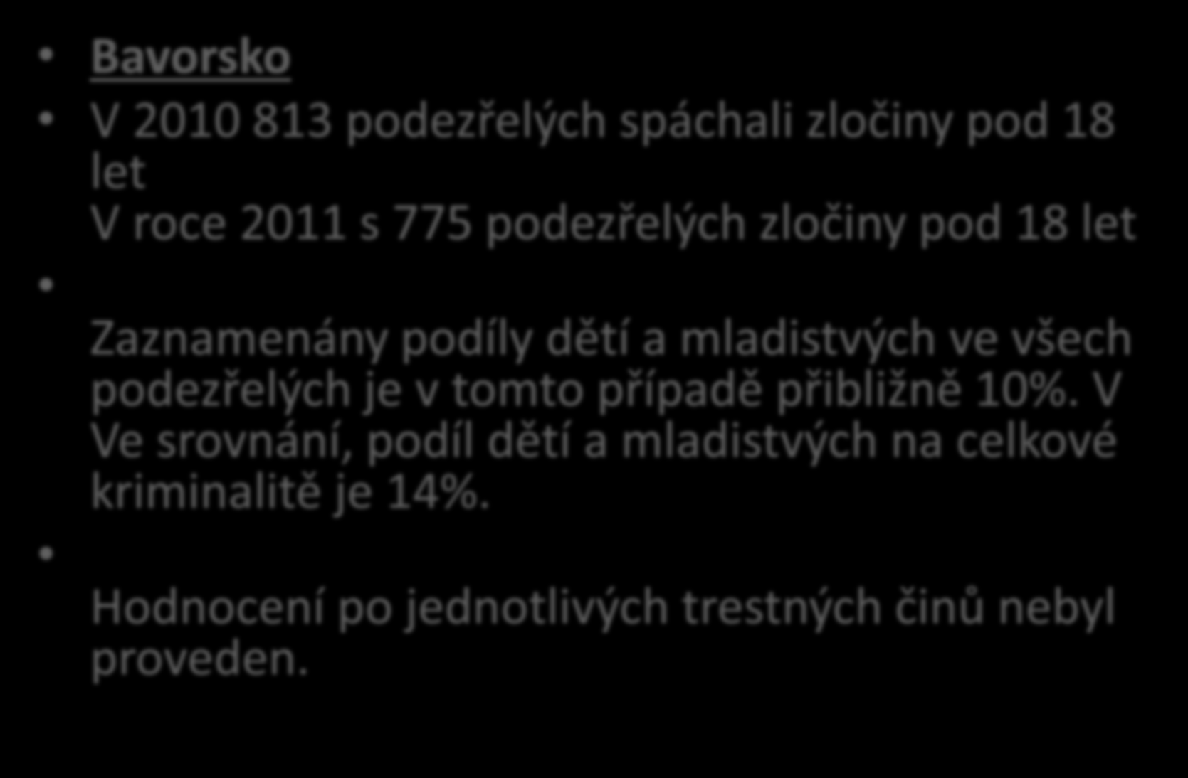 NĚMECKO Bavorsko V 2010 813 podezřelých spáchali zločiny pod 18 let V roce 2011 s 775 podezřelých zločiny pod 18 let Zaznamenány podíly dětí a mladistvých ve všech