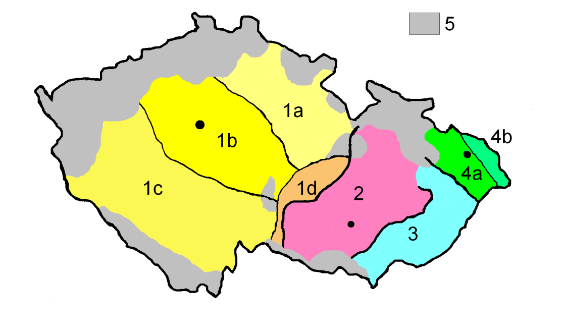 Základní rozdělení českých nářečí Mapa nářečí čeńtiny 9 : 1 česká skupina: 1a severovýchodočeská podskupina, 1b středočeská podskupina, 1c jihozápadočeská podskupina, 1d jihovýchodočeská (pův.