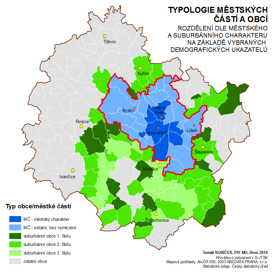 Obrázek 19: Typologie městských částí Brna a obcí okresu Brno-venkov na základě demografických charakteristik.