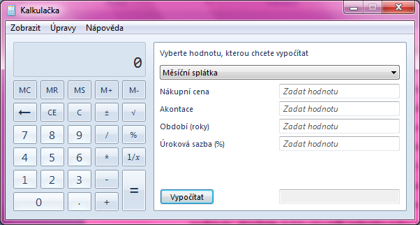 6.7 Kalkulačka Kalkulačka dříve zahrnovala pouze dva módy. Základní a vědecké zobrazení. Novinkou Windows 7 je přidání dalších, například programátorského režimu.