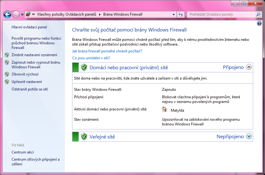 Obrázek 16 Nastavení brány Windows Firewall Windows XP používá určité profily. Doménový a standalone.