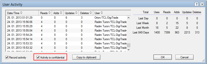 Tip #4 Database User Activity Loguje aktivitu uživatelů v databázi Maximálně 1440 záznamů Povoluje se ve vlastnostech databáze, standardně zapnuto na všech databázích NOTES.