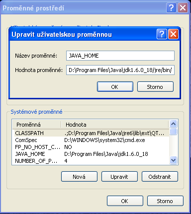 Obrázek 3.4: Nastavení proměnné JAVA_HOME Poslední proměnná již je třeba nastavit je CLASSPATH. Tato proměnná bude pravděpodobně již definována.