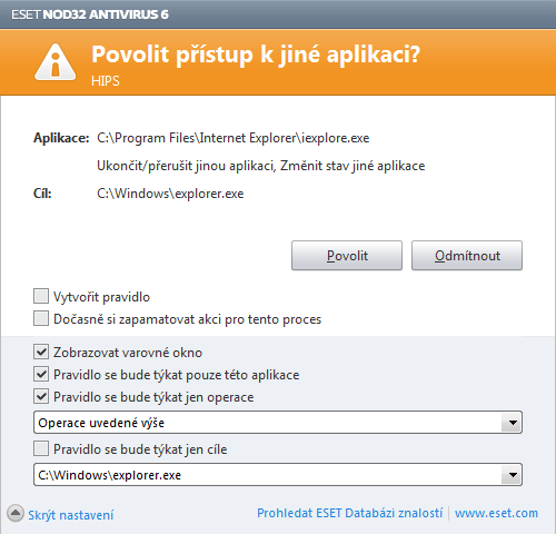 Dotazovací dialog umožňuje vytvoření pravidla, které má vlastnosti podle operace, která vyvolala tento dialog. Přesné parametry se dají nastavit po kliknutí na Zobrazit nastavení.