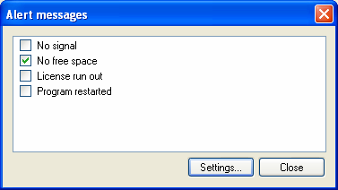 Alert messages - lze nastavit několik typů upozorňujících e-mailů: No signal zašle zprávu v případě poklesu signálu na daném kanálu pod nastavenou úroveň No free space zašle zprávu v