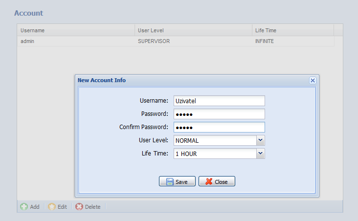 Řádek Uživatelské jméno (Username) Heslo (Password) Kontrola hesla (Confirm password) Zařazení uživatele (User Level) Doba funkčnosti účtu (Life Time) Obrázek č.
