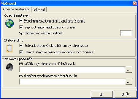 Nabídka Možnosti Popis Synchronizovat po startu aplikace Outlook Zapnout automatickou synchronizaci Synchronizovat každých (Minut) Zobrazit stavové okno během synchronizace Uzavřít stavové okno po
