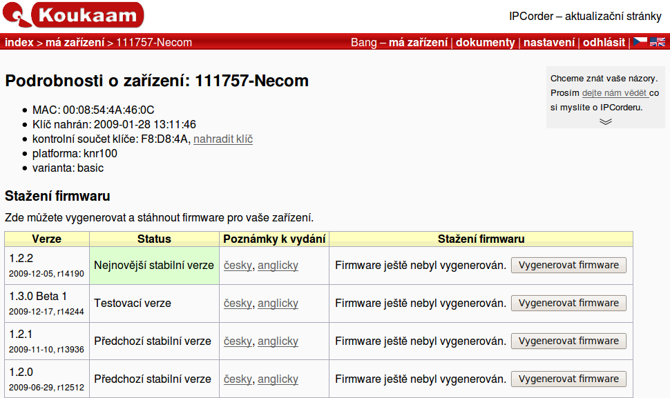 4 SPRÁVA NAHRÁVÁNÍ 4.7 Vypínání/restart a LED signalizace Obrázek 42: Seznam dostupných verzí firmware 4.