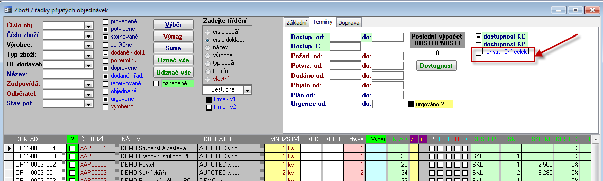 38 Školení systému Soft-4-Sale JARO 2012 Filtrace "konstrukční celek" Na přehled zboží v přijatých objednávkách byla doplněna možnost filtrace "konstrukční celek", aby bylo možno od sebe oddělit