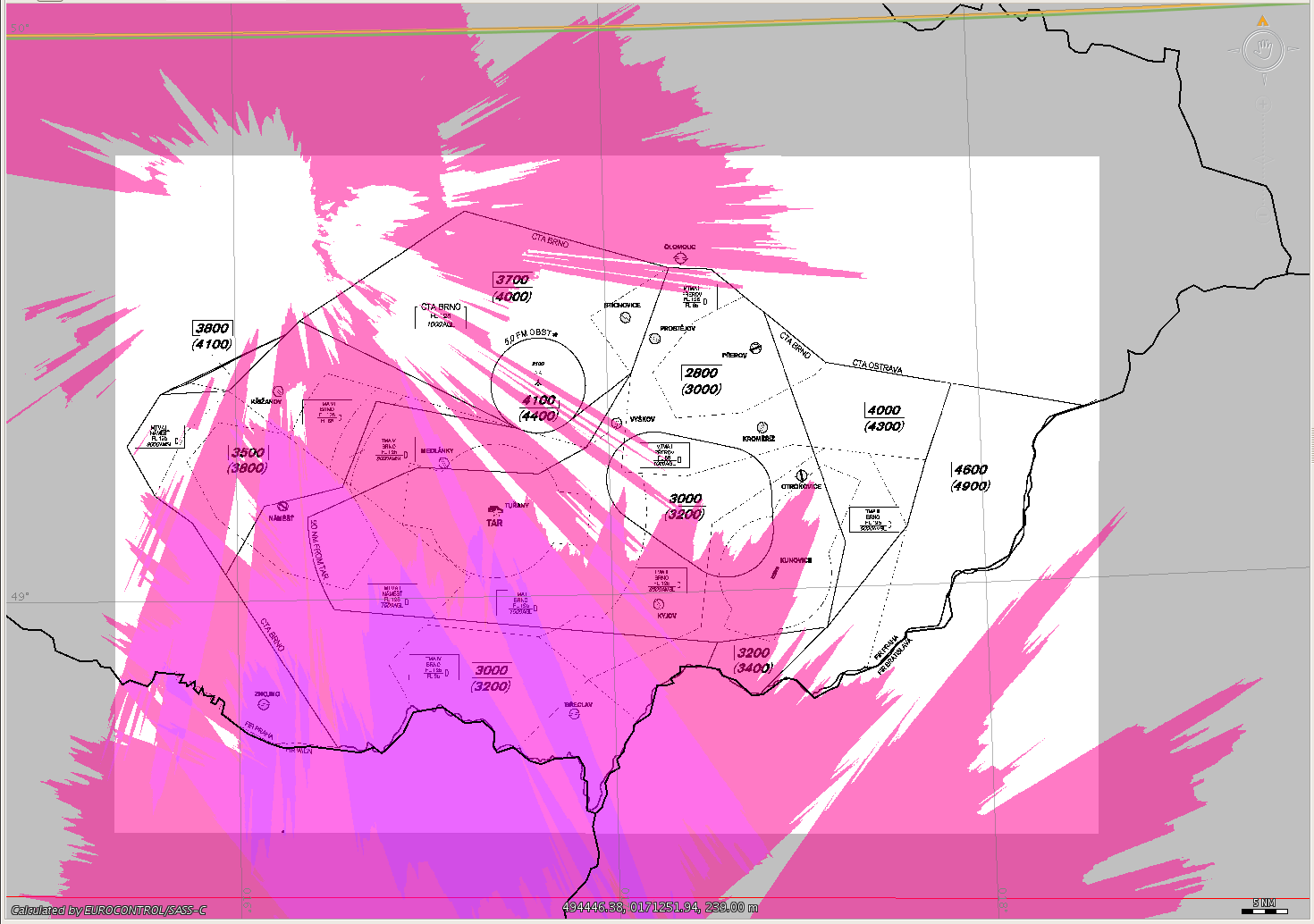 Obr. 20 Pokrytí sekundárními radary v okolí LKTB ve výšce 2000 ft AGL, vytvořeno v EUROCONTROL SASS-C PREDICITion/CAPT 2.2.6, pu