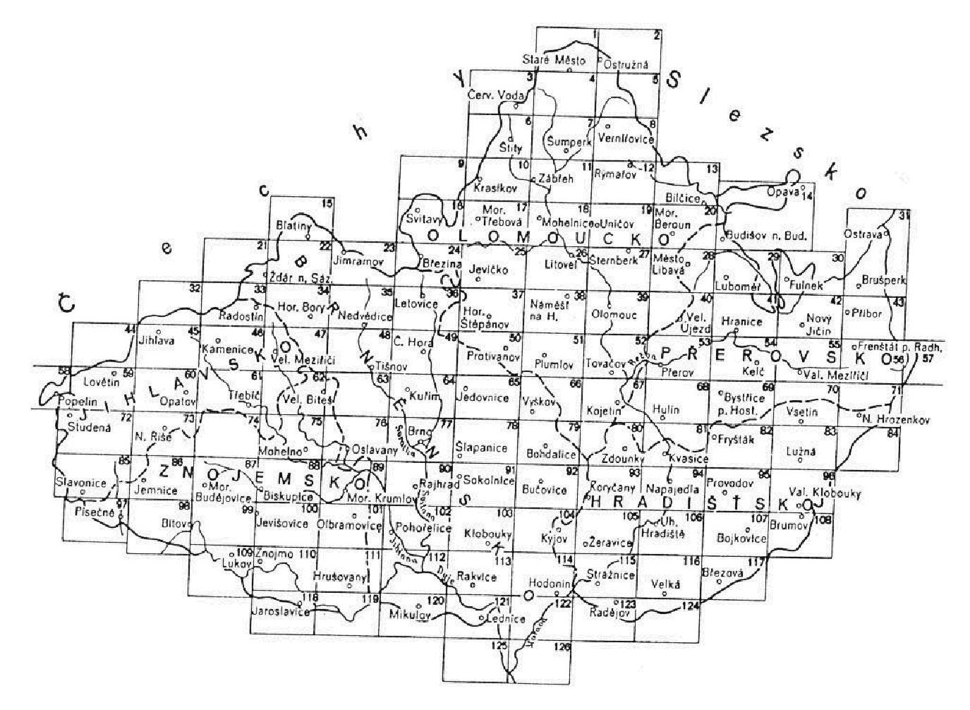 Vývoj české kartografie (do roku 1918) Obr. 3-28 Klad mapových listů prvního vojenského mapování (Morava) Čistokresba map je osmibarevná.