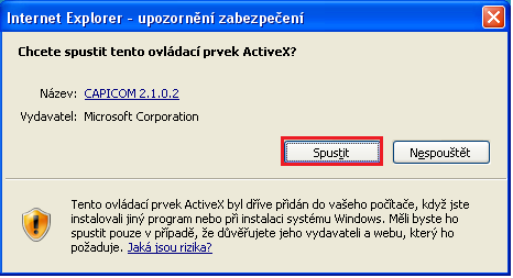 Jakmile uživatel vybere možnost Spustit doplněk, pak se pokračuje v instalaci komponenty CAPICOM pro ekektronický podpis v následujícím dialogu.