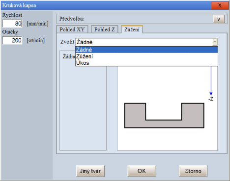 Ovládání systému CNC872 Příklad frézování kruhové kapsy, zadávají se parametry