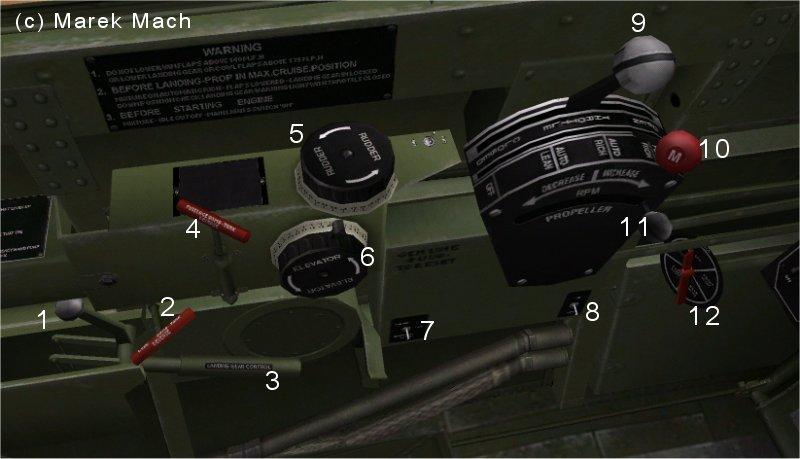 ultrafialová lampa 1. otevírání kabiny 2. dýchací regulátor 3. ovládání rádia 4. konektorová skříňka 5. ruční hydraulické čerpadlo 6. ovládání klapek chlazení motoru 7. rozpoznávací světla 8.