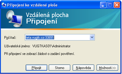 Server se připojí přes vzdálenou plochu se jménem teta.vugtk.cz port 33891 a dále je třeba zadat přihlašovací údaje.