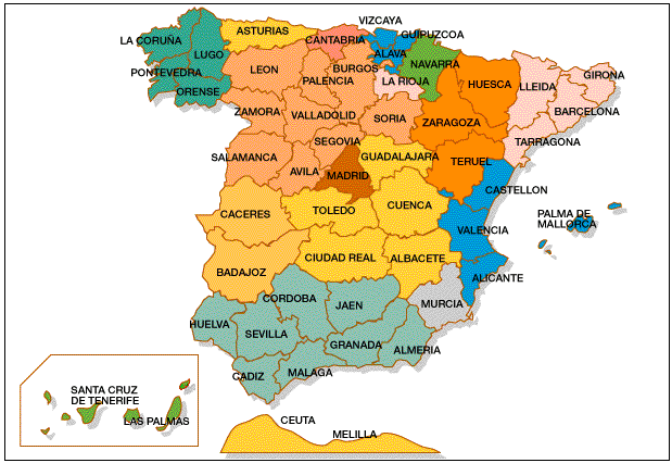 ŠPANĚLSKO 98 Španělsko je na základě ústavy z roku 1978 tvořeno 17 autonomními společenstvími (comunidadades autónomas) dále složenými z 50 provincií (47 na pevnině, 1 na Baleárských ostrovech, 2 na