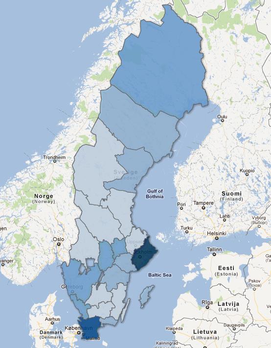 Graf napovídá, že policejní hustota na teritoriu státu potvrzuje dominantní roli hlavního města Stockholm, ale i dalších nejlidnatějších regionů (Skäne, Västra Götaland).