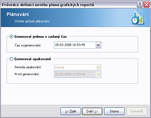 V tomto dialogu vyberte, zdali si přejete vygenerovat report pouze jednou ve vybraný čas, nebo jej generovat opakovaně: Generovat jednou v zadaný čas - vyberte konkrétní datum a čas vygenerování.