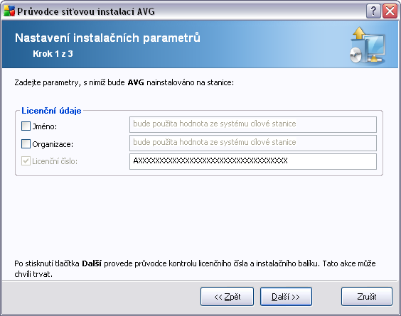 8.2.1. Parametry instalace Vložte požadované hodnoty. Licenční číslo je povinné políčko a je nutné jej vyplnit.