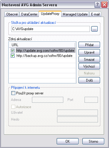 10.3.3.Záložka UpdateProxy Tato záložka nabízí následující možnosti: Složka pro ukládání aktualizací - vložte kompletní cestu ke složce (např.