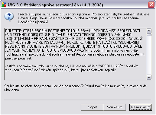 2.4. Licenční ujednání Tento dialog obsahuje plné znění licenčního ujednání AVG Internet Security Network Edice. Pro potvrzení stiskněte tlačítko Souhlasím.