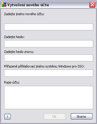 V tomto dialogu zadejte do nejhořejšího textového pole jméno nového účtu a do dalšího pak s ním spojené heslo. Toto heslo vepište ještě jednou do třetího textového pole.