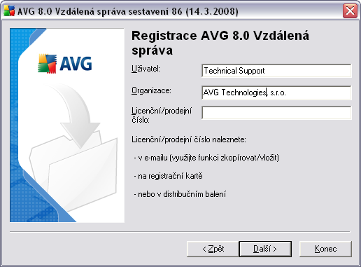 2.6. Vložte licenční číslo V tomto dialogu vložte jméno Uživatele, Organizace a vaše Licenční/Prodejní číslo. Klikněte na tlačítko Další pro pokračování. 2.7.