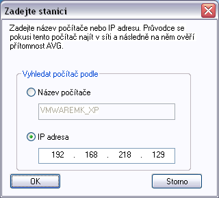 5.3.4. Výběr jedné stanice Pokud zvolíte vzdálenou instalaci AVG na jednu stanici, zobrazí se následující dialog: Klikněte buď na pole Název počítače nebo IP adresa a vyplňte požadovanou hodnotu.