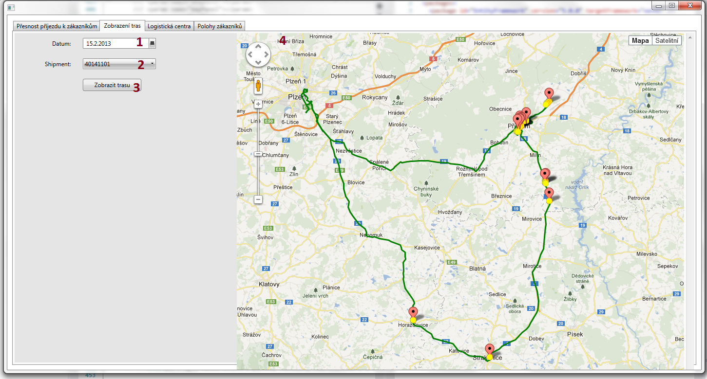 Obr. B.3: Ukázka okna aplikace pro vizualizaci tras jednotlivých zásilek.