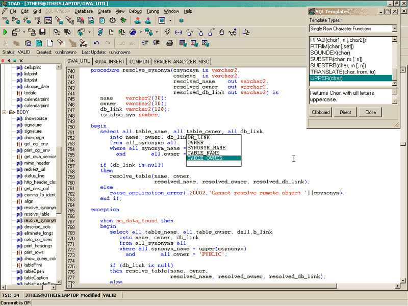 Toad for Oracle 9.0 (18) Jedná se o profesionální nástroj. Existují v několika verzích podle toho, pro které databázové prostředí je určený například Toad for Oracle, Toad for MySQL atd.