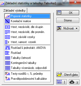 V dialogovém okně Popisné statistiky vybereme potřebné proměnné. Samotný výpočet proběhne po výběru volby Souhrn:Statistiky, případně Výpočet.